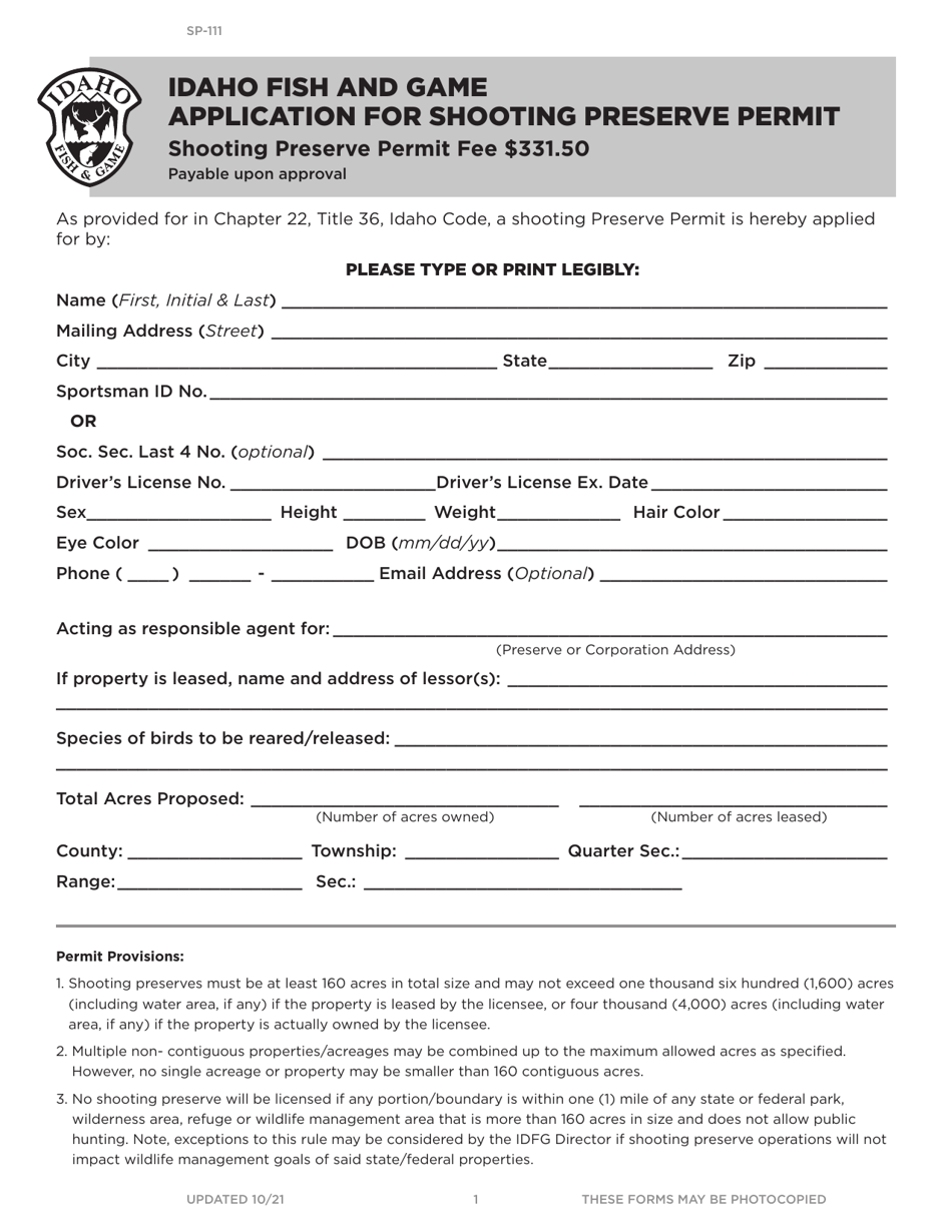 Form SP-111 - Fill Out, Sign Online and Download Printable PDF, Idaho ...