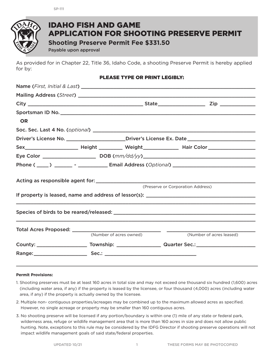 Form SP-111 Application for Shooting Preserve Permit - Idaho, Page 1