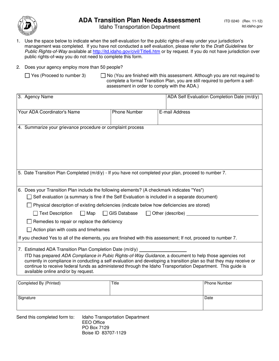 Form ITD0240 Ada Transition Plan Needs Assessment - Idaho, Page 1
