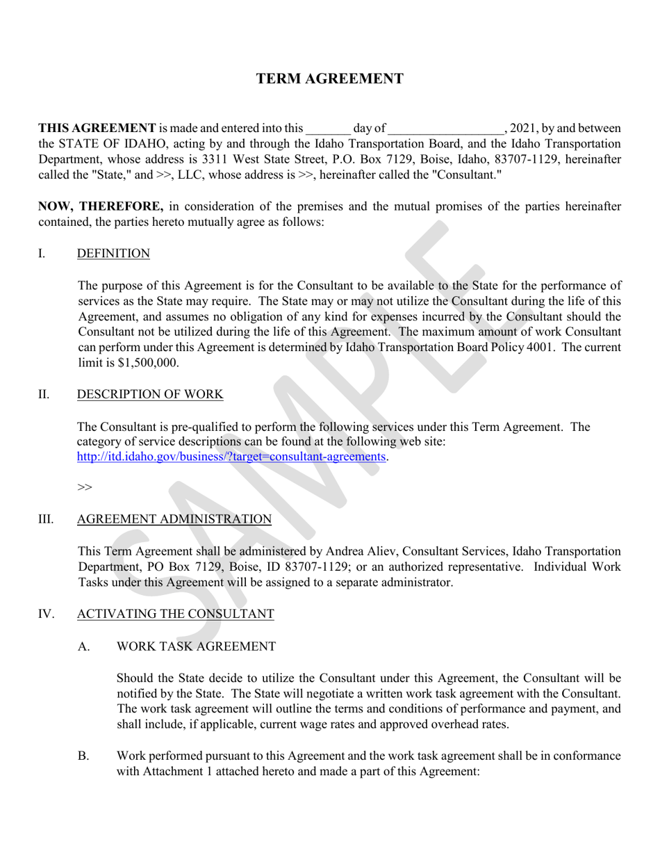 Term Agreement - Sample - Idaho, Page 1