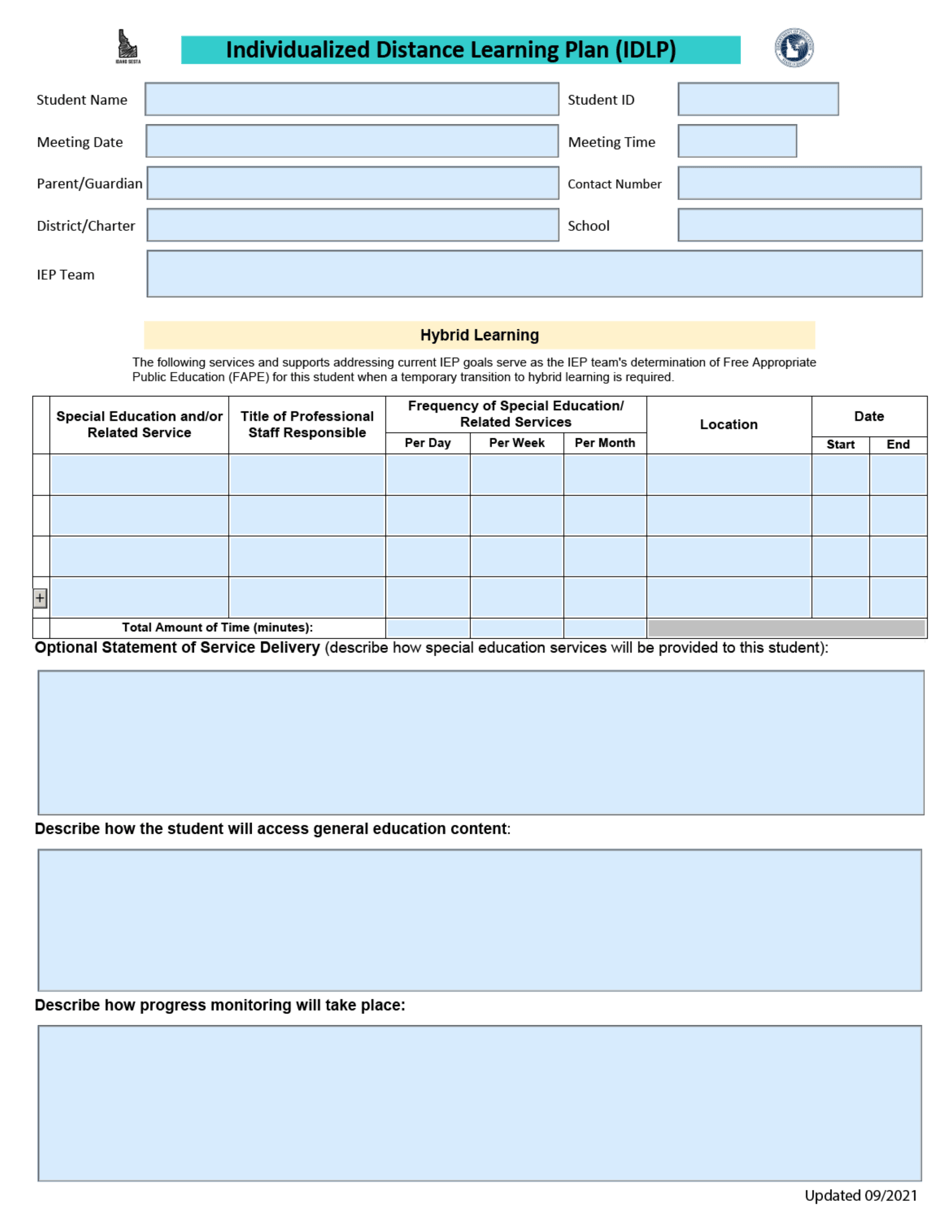 Idaho Individualized Distance Learning Plan (Idlp) Fill Out, Sign