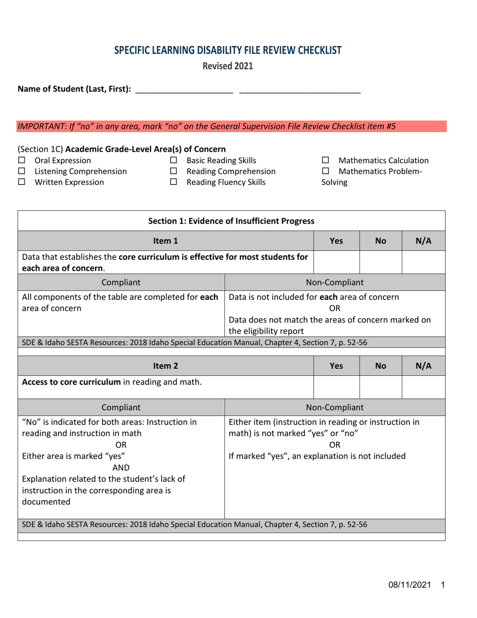Idaho Specific Learning Disability File Review Checklist - Fill Out ...