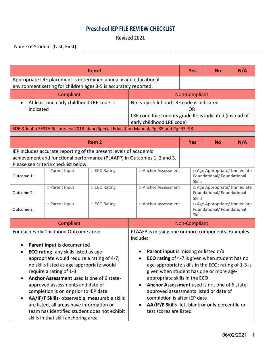 Preschool Iep File Review Checklist - Idaho, Page 1