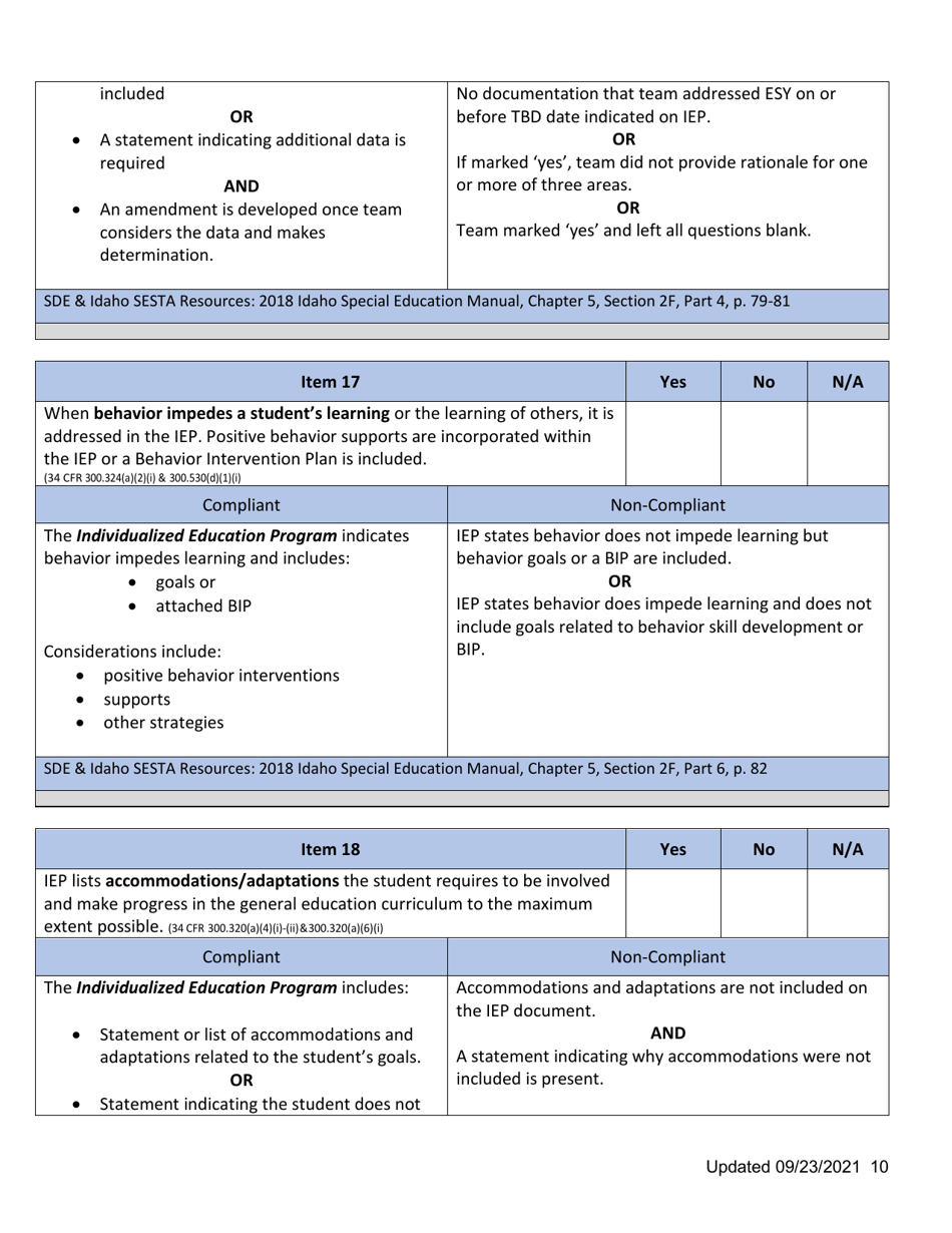 General Supervision File Review Checklist - Idaho, Page 10
