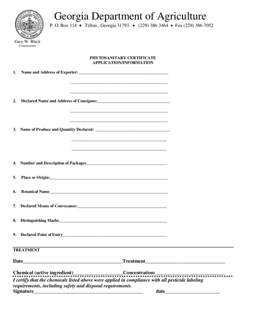 State Phytosanitary Certificate Application - Georgia (United States) Download Pdf
