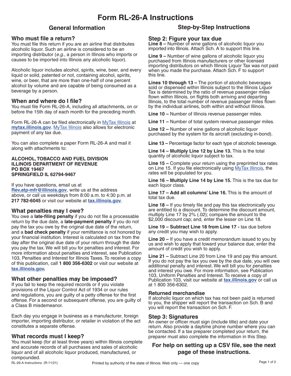 Instructions for Form RL-26-A Liquor Revenue Airline Return - Illinois, Page 1