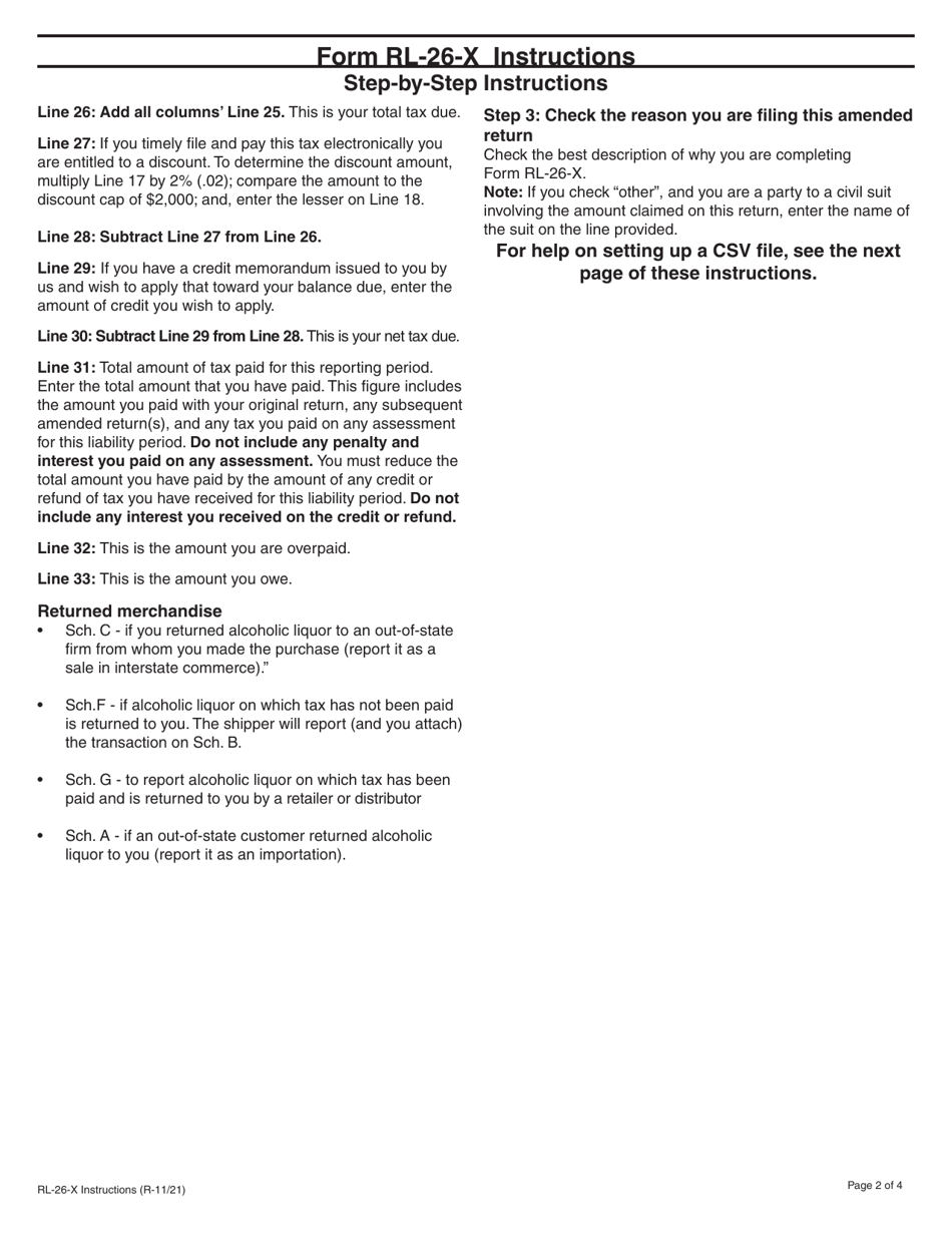 Instructions for Form RL-26-X Amended Liquor Revenue Return - Illinois, Page 2