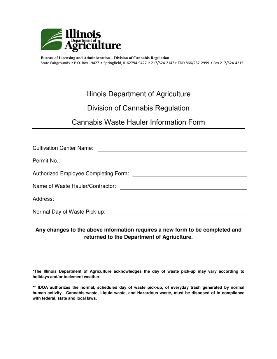 Cannabis Waste Hauler Information Form - Illinois, Page 1