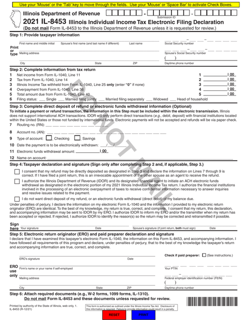 Form IL-8453 Illinois Individual Income Tax Electronic Filing Declaration - Illinois, 2021