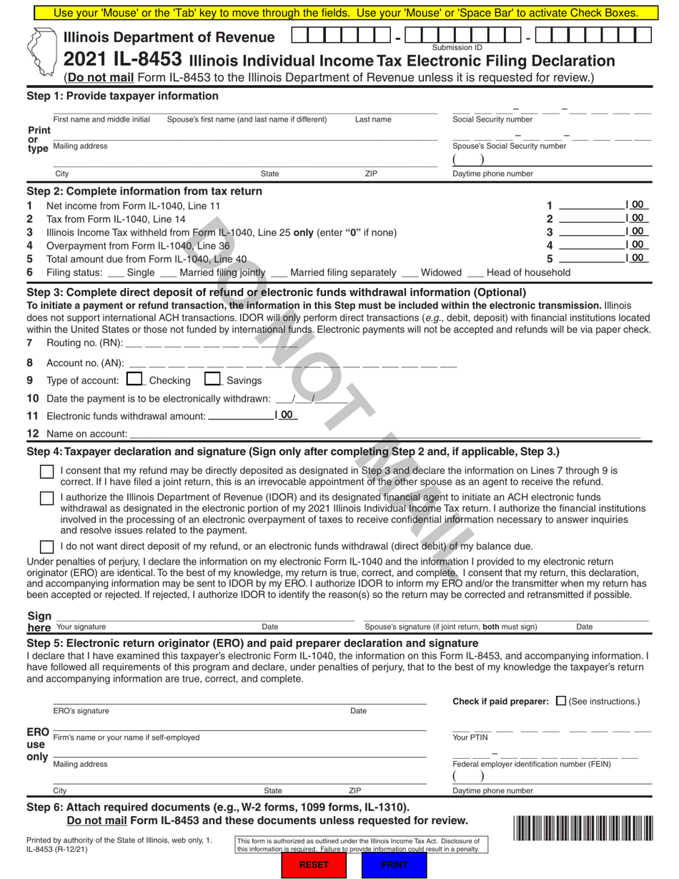 Form Il 8453 Download Fillable Pdf Or Fill Online Illinois Individual Income Tax Electronic 1768