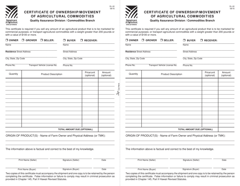 Form DL-22 Certificate of Ownership/Movement of Agricultural Commodities - Hawaii