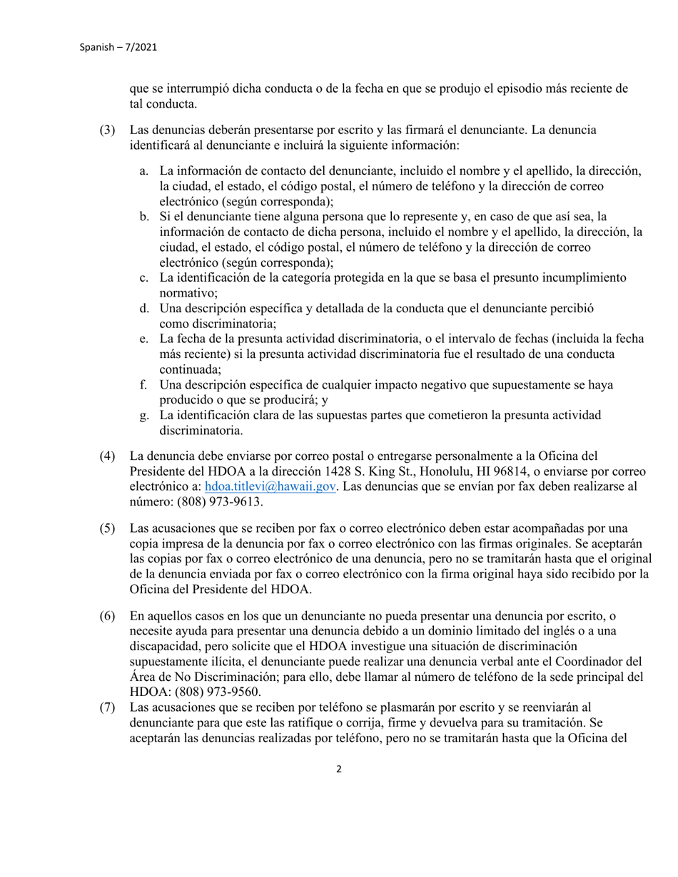 Formulario De Denuncia Por Discriminacion Para Las Personas Que No Son Empleados - Hawaii (Spanish), Page 2