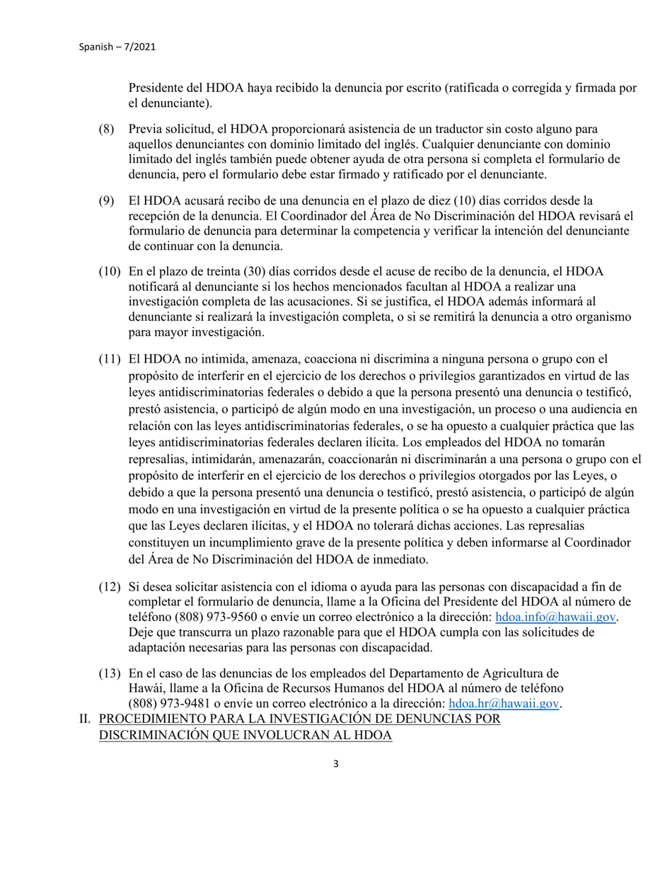 Formulario De Denuncia Por Discriminacion Para Las Personas Que No Son Empleados - Hawaii (Spanish), Page 3