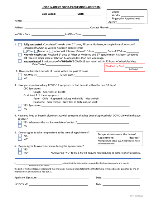 Hcjdc in-Office Covid-19 Questionnaire Form - Hawaii