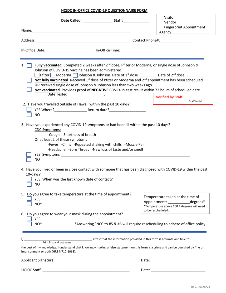 Hcjdc in-Office Covid-19 Questionnaire Form - Hawaii, Page 1