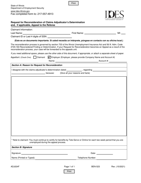 Form ADJ024F Request for Reconsideration of Claims Adjudicator's Determination and, if Applicable, Appeal to the Referee - Illinois