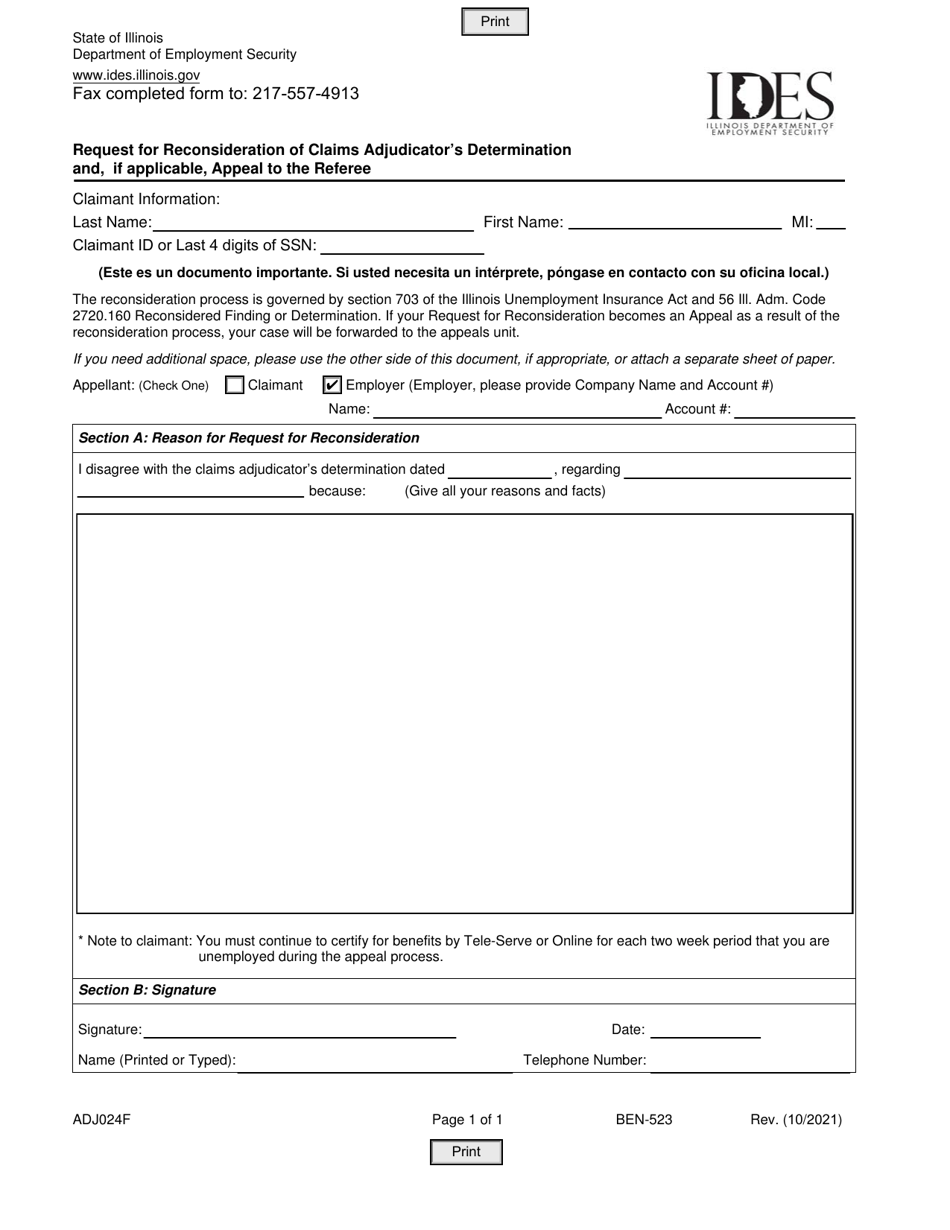 Form ADJ024F Request for Reconsideration of Claims Adjudicators Determination and, if Applicable, Appeal to the Referee - Illinois, Page 1