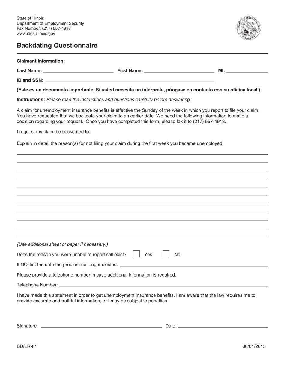 Form BD / LR-01 Backdating Questionnaire - Illinois, Page 1