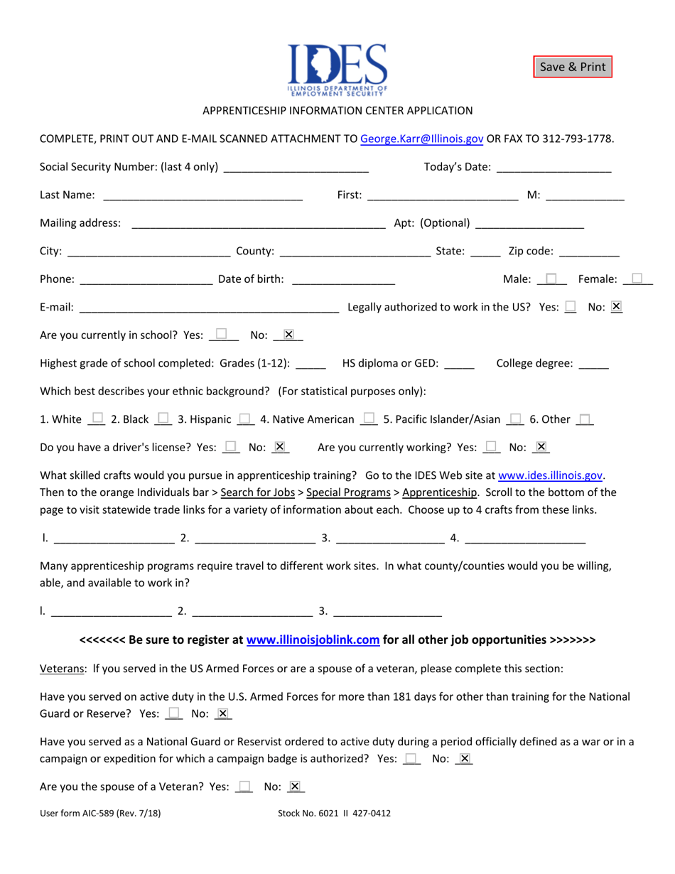 Form AIC-589 Apprenticeship Information Center Application - Illinois, Page 1