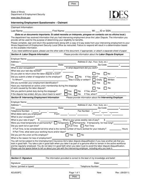 Form ADJ033FC Intervening Employment Questionnaire - Claimant - Illinois