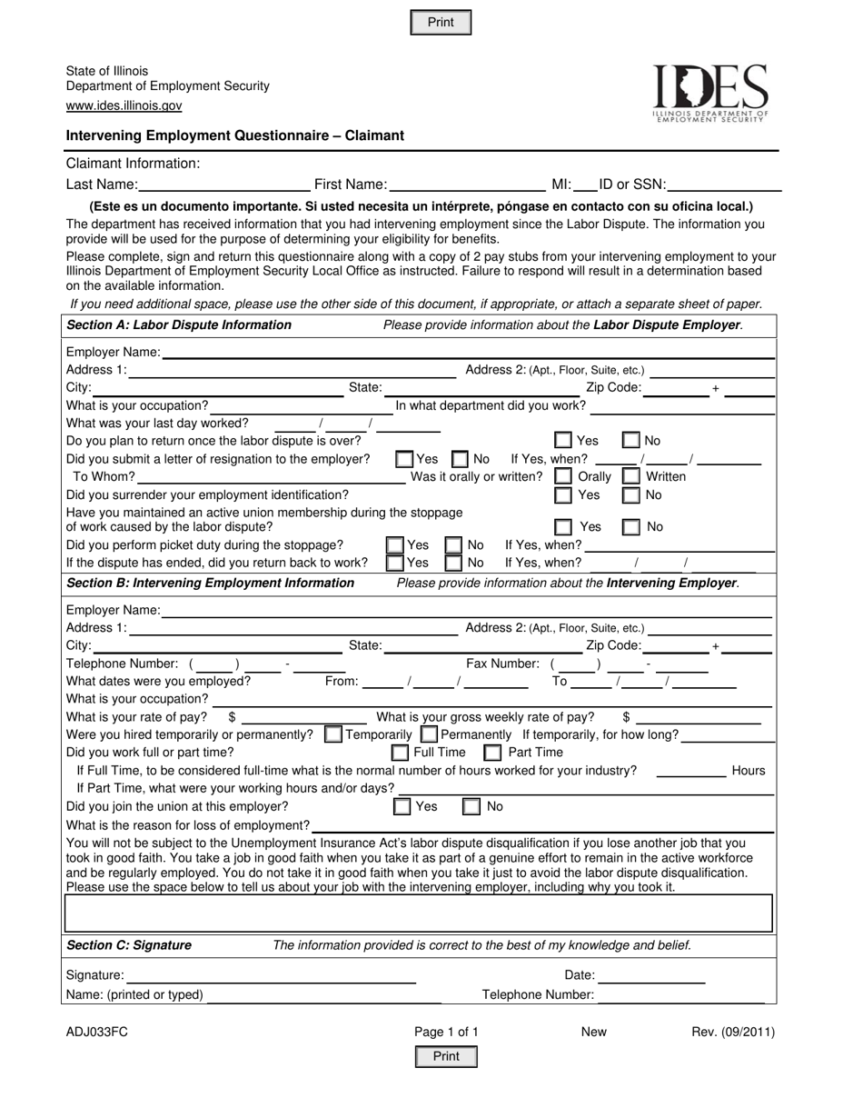 Form ADJ033FC Intervening Employment Questionnaire - Claimant - Illinois, Page 1