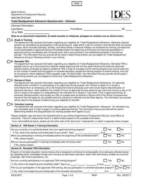 Form ADJ018FC Trade Readjustment Allowance Questionnaire - Claimant - Illinois