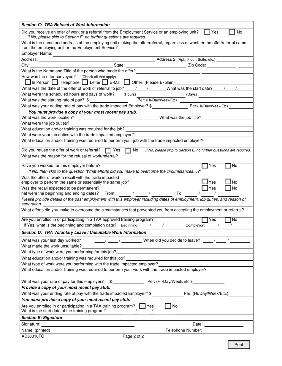 Form ADJ018FC Trade Readjustment Allowance Questionnaire - Claimant - Illinois, Page 2