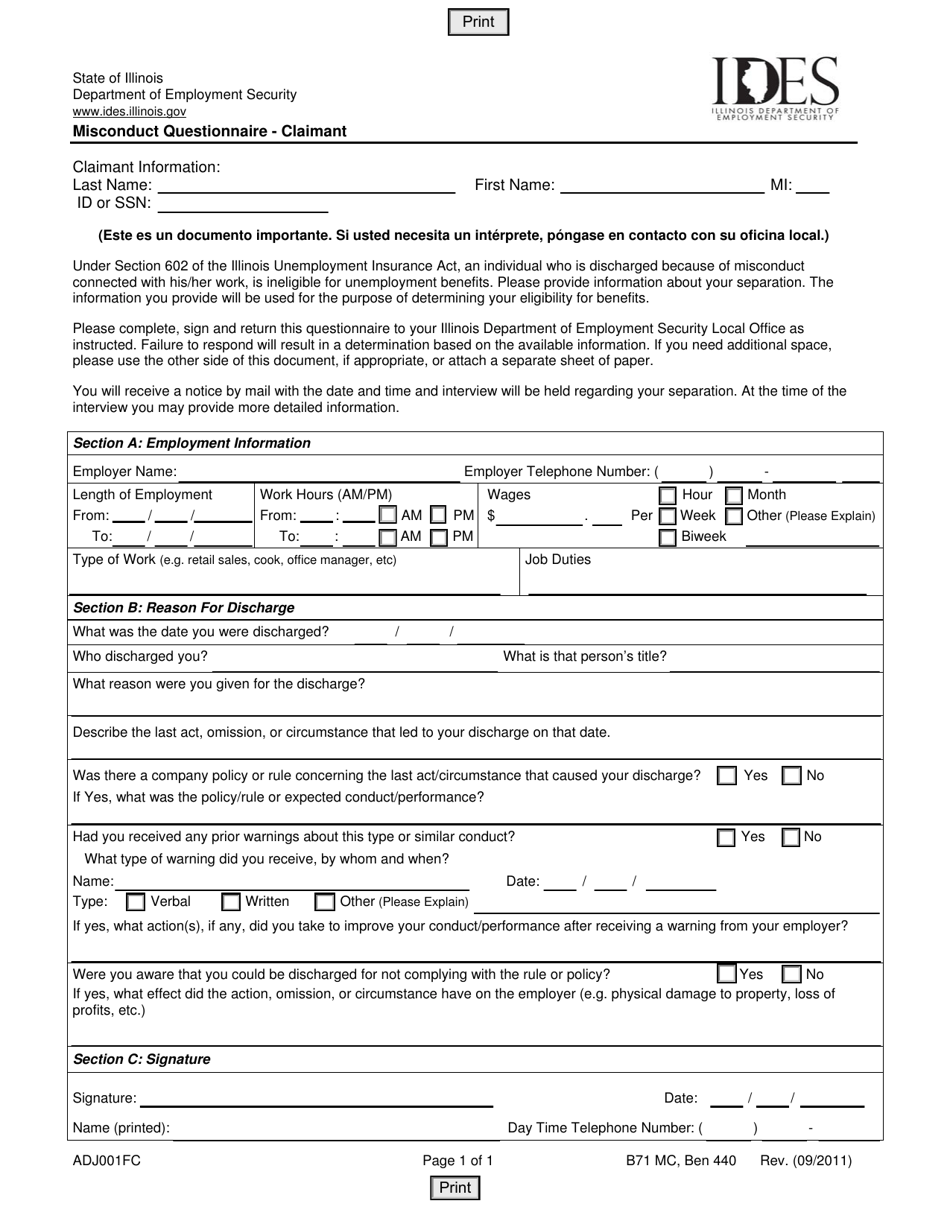 Form ADJ001FC Misconduct Questionnaire - Claimant - Illinois, Page 1