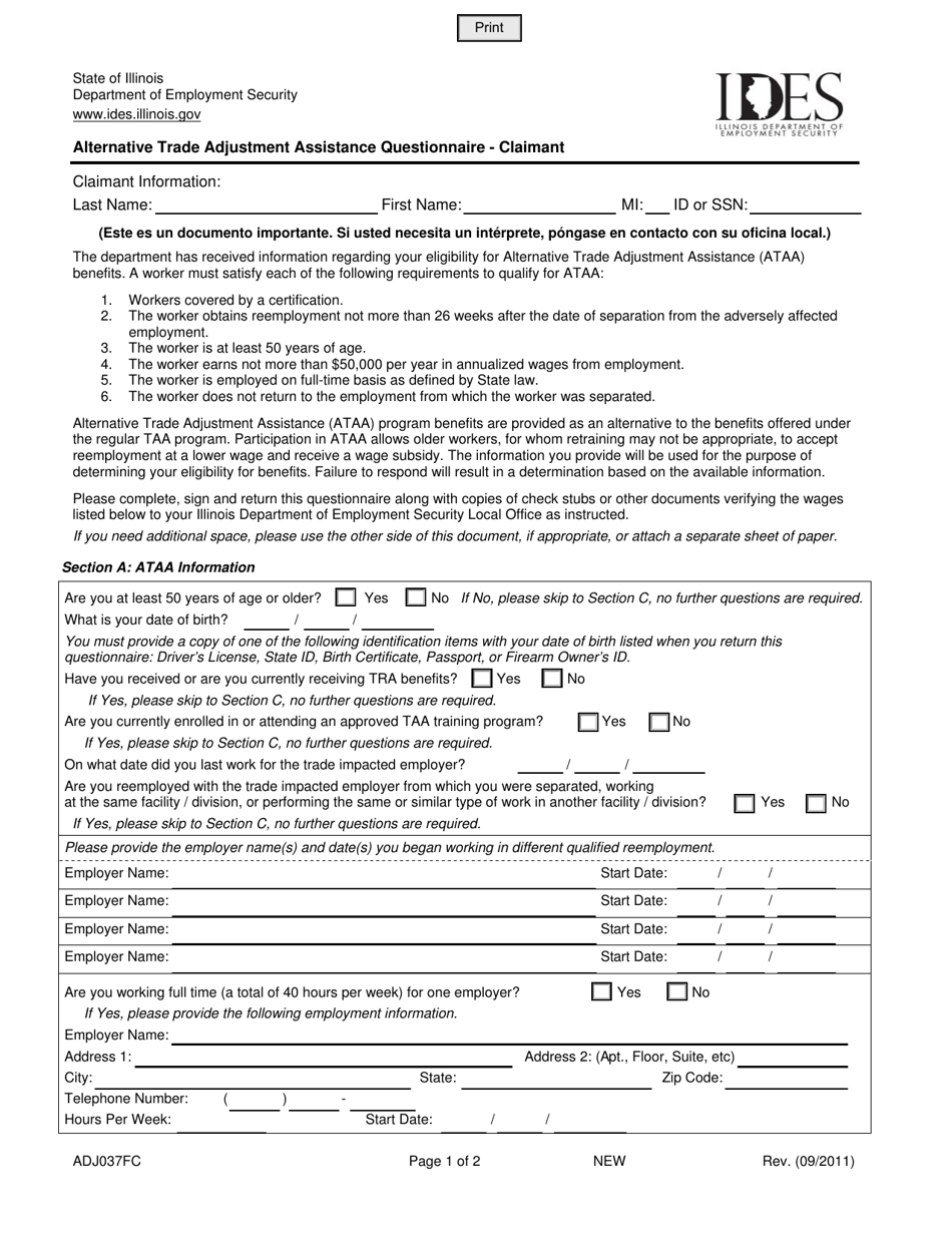 Form ADJ037FC Alternative Trade Adjustment Assistance Questionnaire - Claimant - Illinois, Page 1