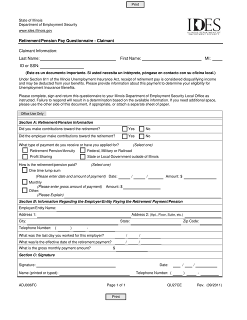 Form ADJ006FC Retirement/Pension Pay Questionnaire - Claimant - Illinois