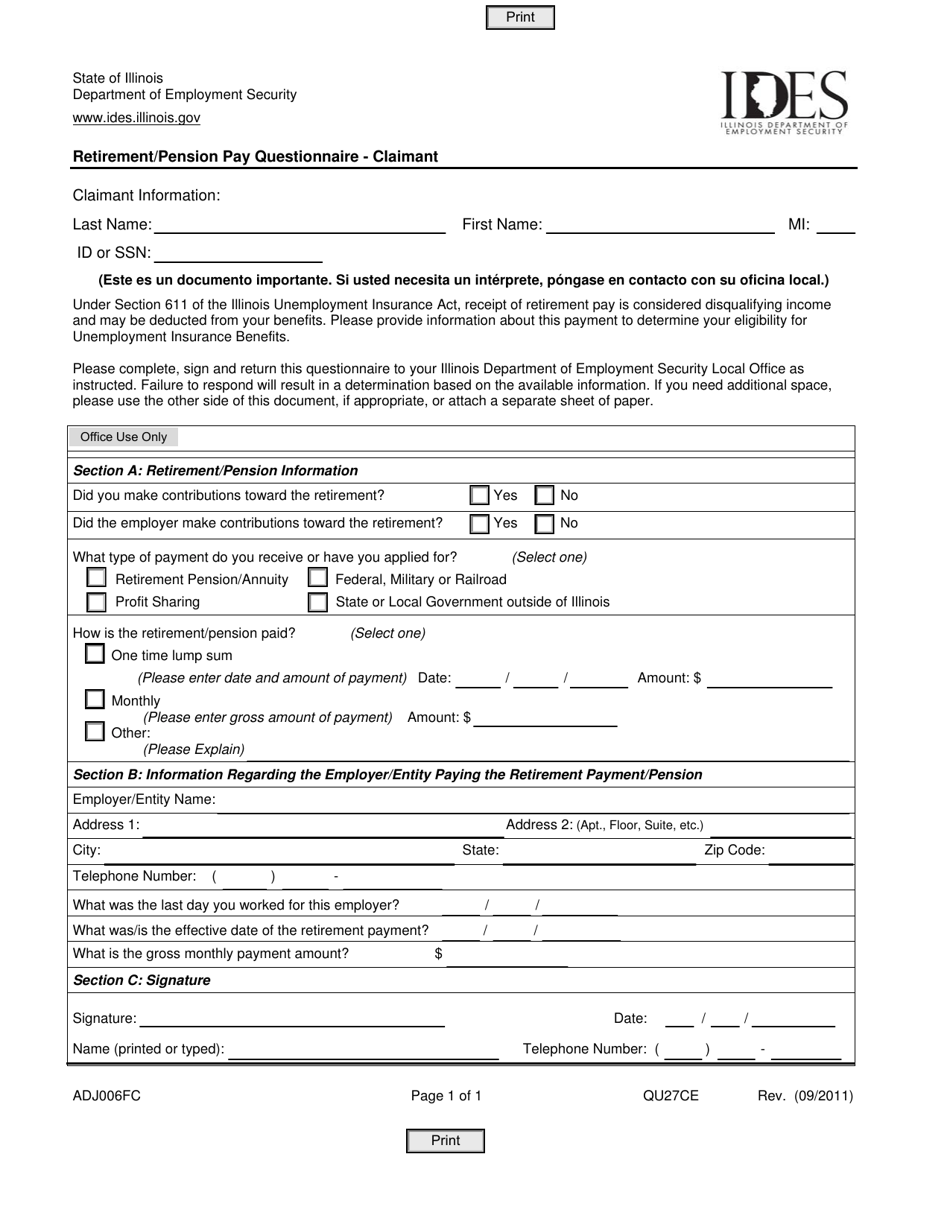 Form ADJ006FC Retirement / Pension Pay Questionnaire - Claimant - Illinois, Page 1