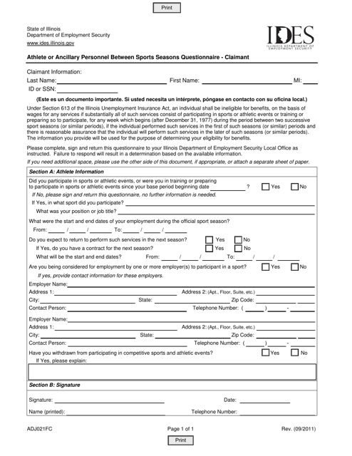 Form ADJ021FC Athlete or Ancillary Personnel Between Sports Seasons Questionnaire - Claimant - Illinois