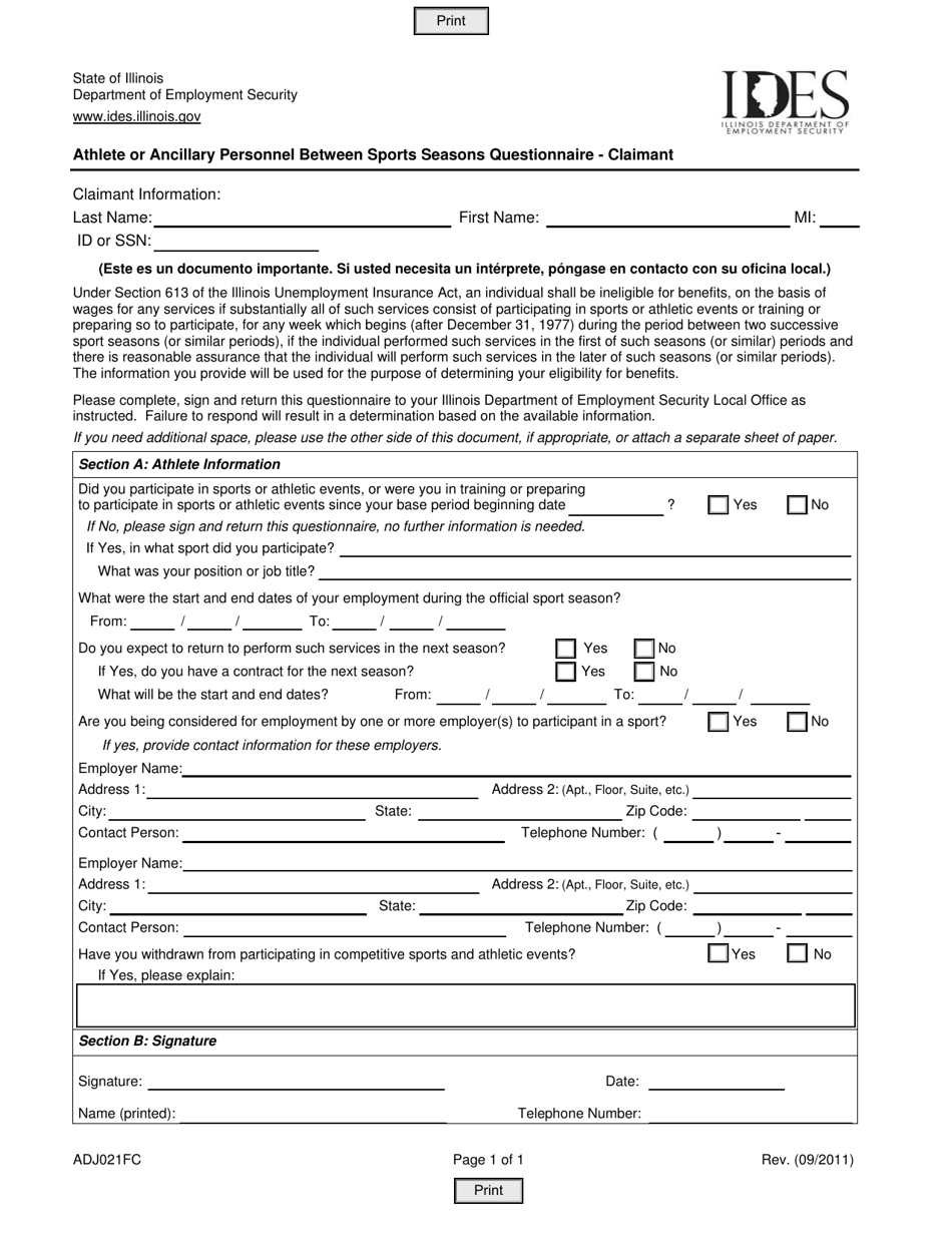 Form ADJ021FC Athlete or Ancillary Personnel Between Sports Seasons Questionnaire - Claimant - Illinois, Page 1