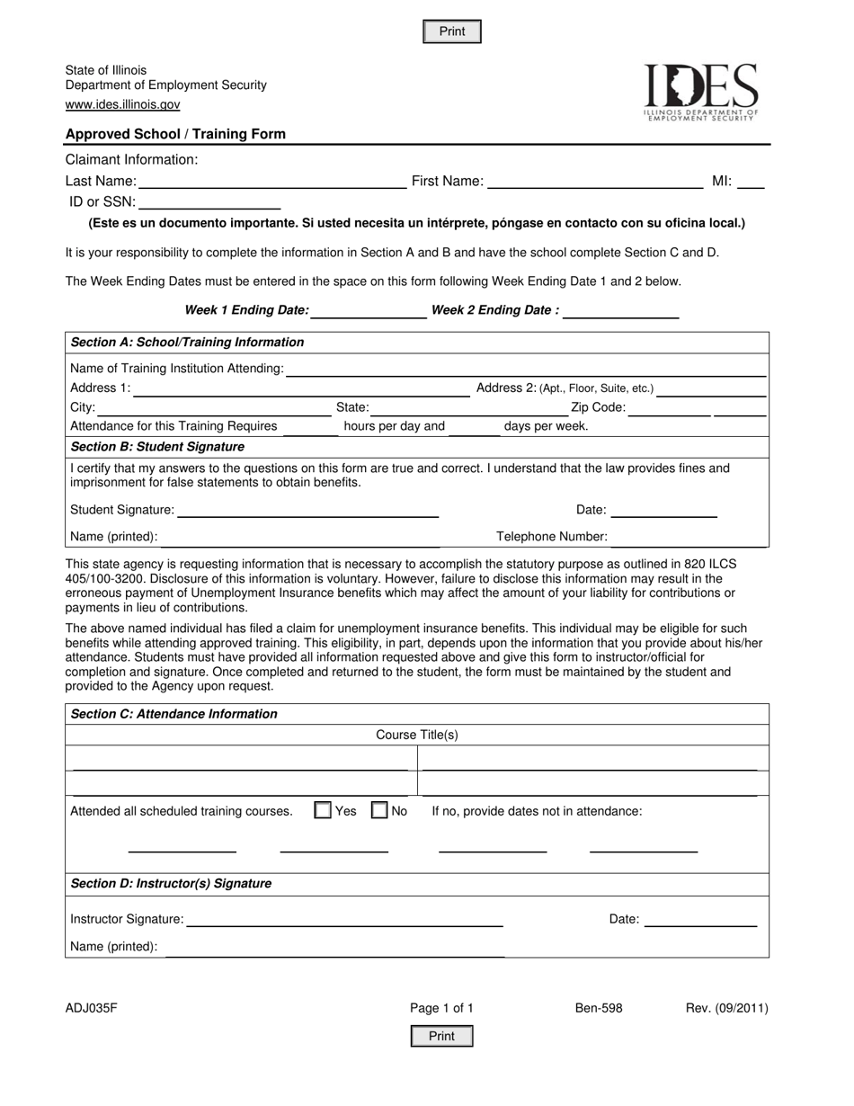 Form ADJ035F Approved School / Training Form - Illinois, Page 1
