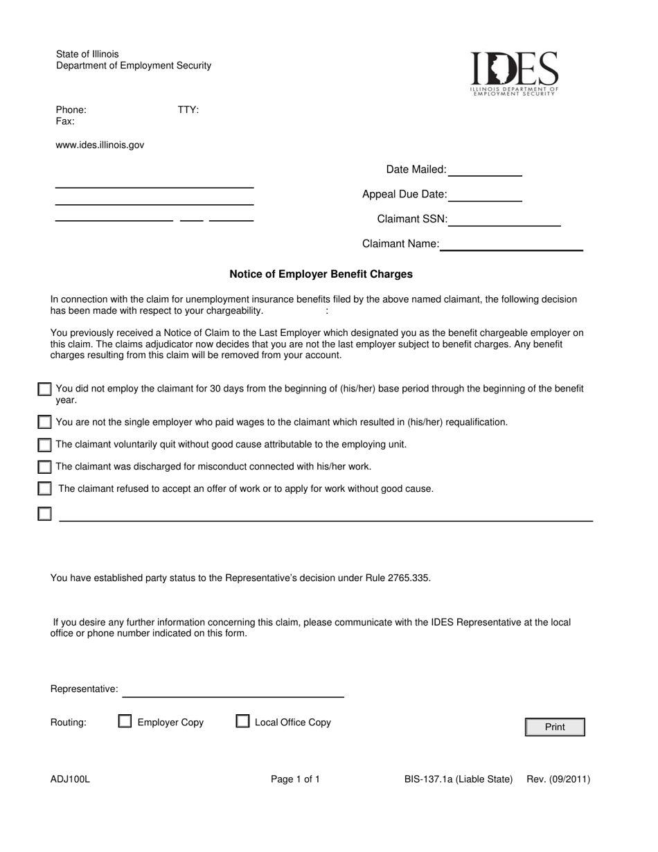 Form ADJ100L Notice of Employer Charges Allow - Timely Protest - Illinois, Page 1