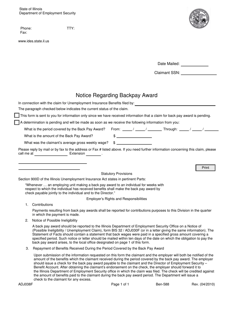 Form ADJ038F Notice Regarding Backpay Award - Illinois, Page 1