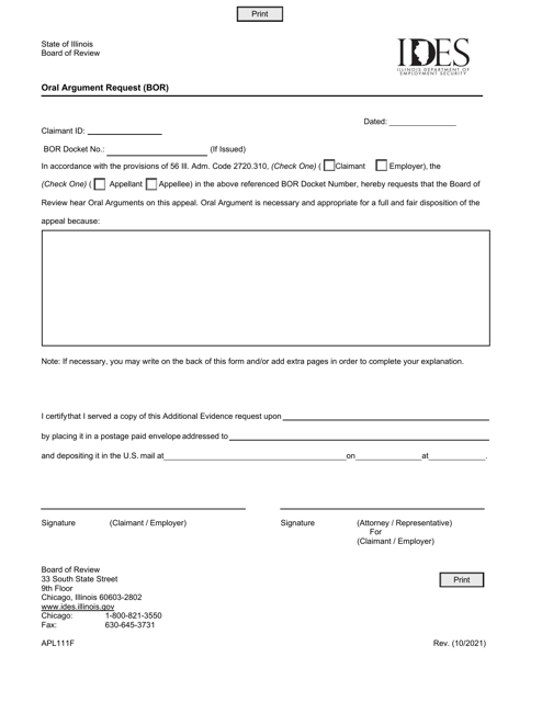 Form APL111F Oral Argument Request (Bor) - Illinois