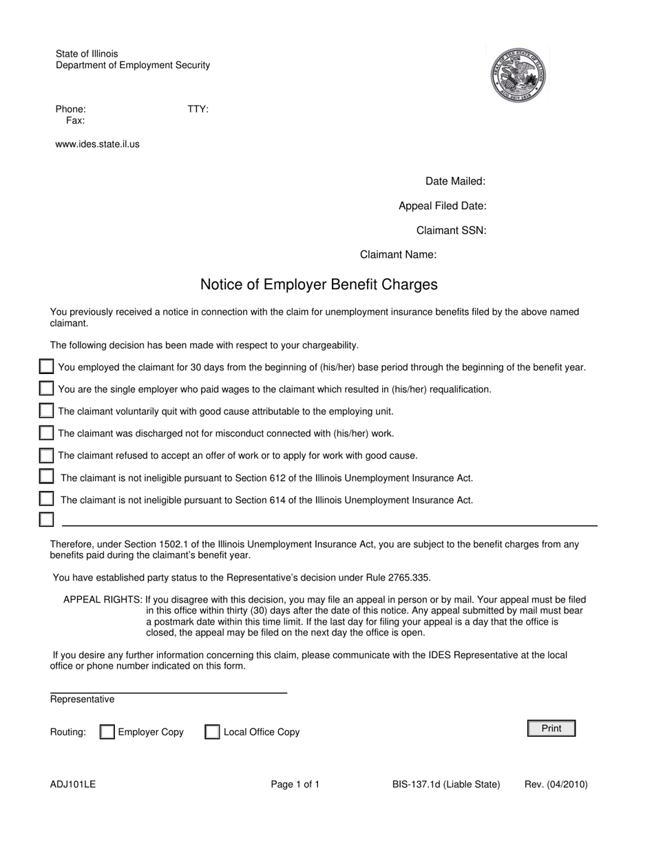 Form ADJ101LE Notice of Employer Benefit Charges - Illinois, Page 1