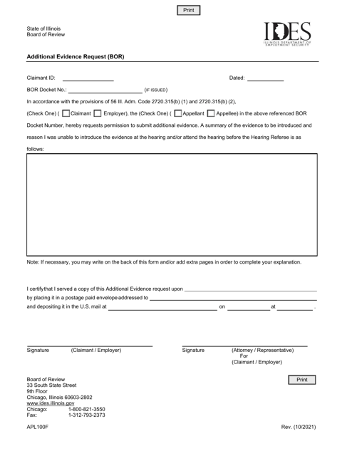 Form APL100F Additional Evidence Request (Bor) - Illinois