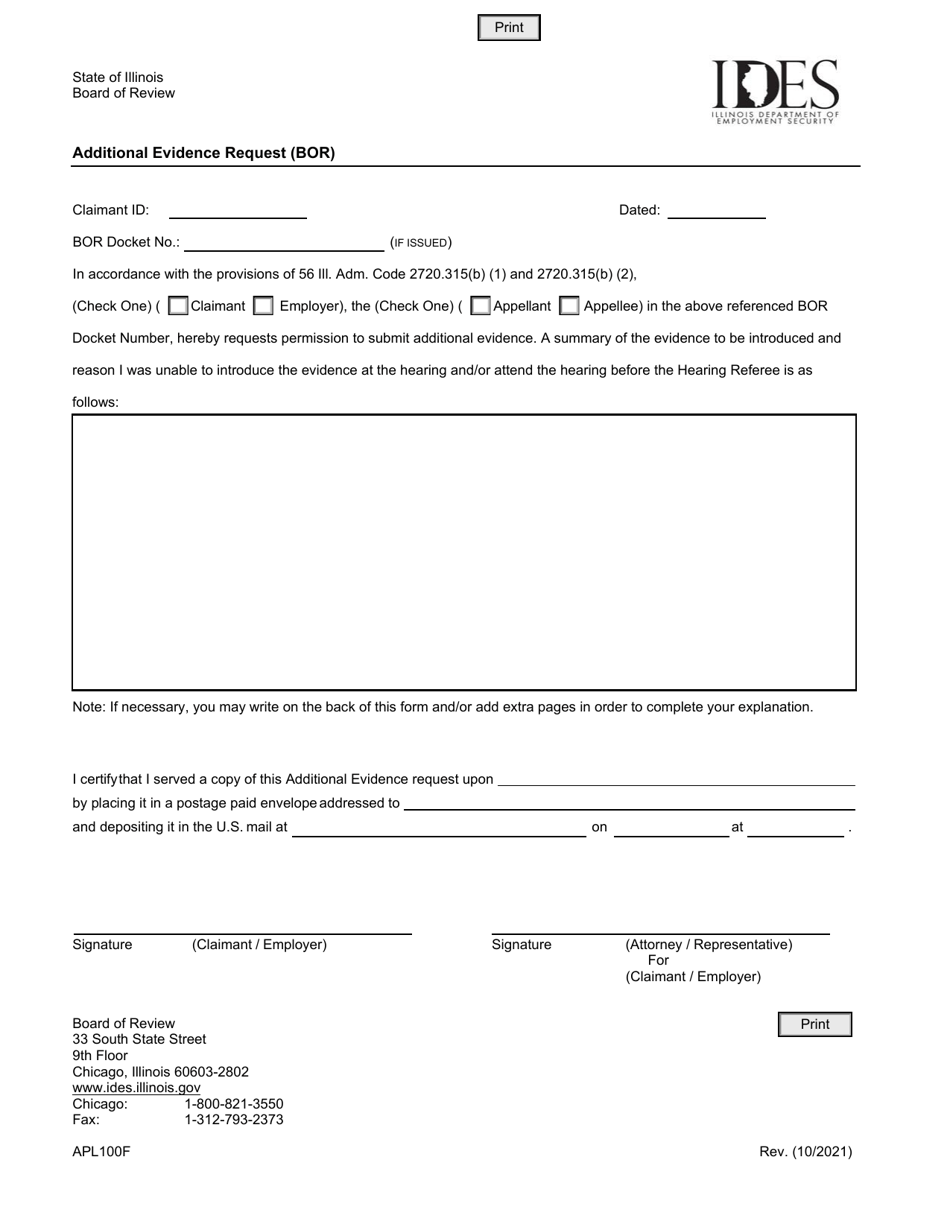 Form APL100F Additional Evidence Request (Bor) - Illinois, Page 1