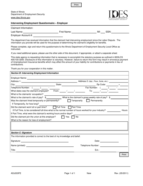 Form ADJ033FE Intervening Employment Questionnaire - Employer - Illinois