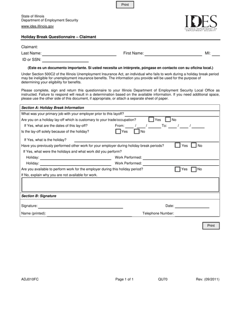 Form ADJ010FC Holiday Break Questionnaire - Claimant - Illinois