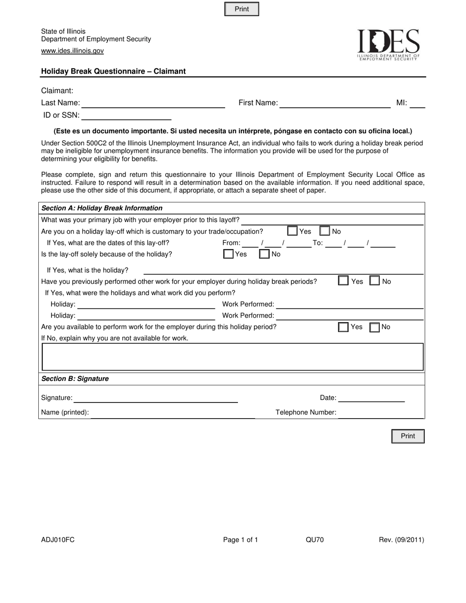 Form ADJ010FC Holiday Break Questionnaire - Claimant - Illinois, Page 1