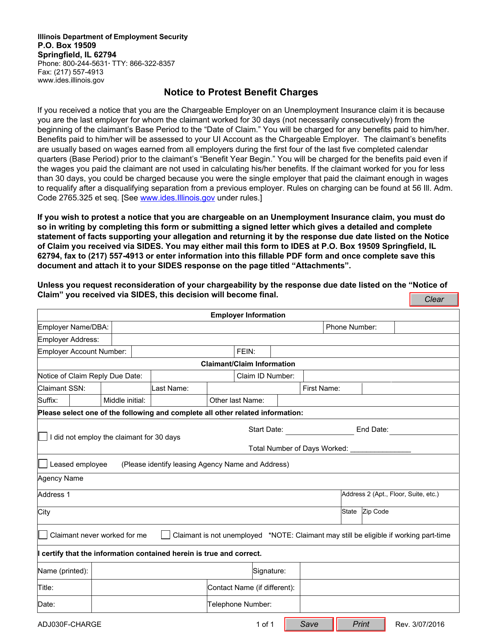 Form ADJ030F-CHARGE Notice to Protest Benefit Charges - Illinois