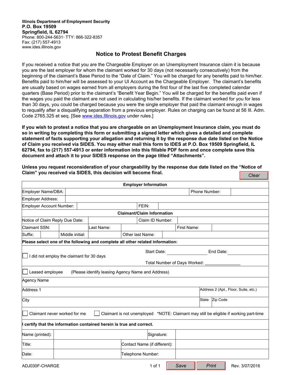 Form ADJ030F-CHARGE Notice to Protest Benefit Charges - Illinois, Page 1