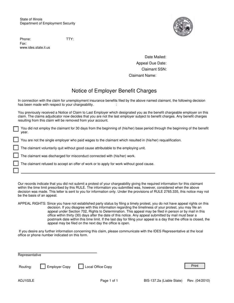 Form ADJ102LE Notice of Employer Benefit Charges - Not Liable, With Appeal Rights - Illinois, Page 1