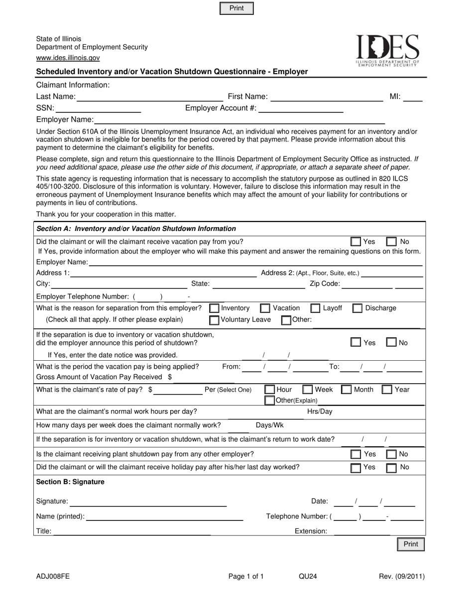 Form ADJ008FE Scheduled Inventory and / or Vacation Shutdown Questionnaire - Employer - Illinois, Page 1
