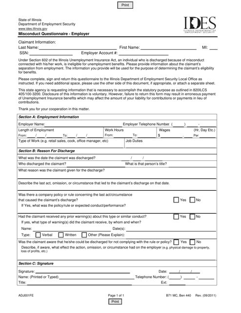 Form ADJ001FE Misconduct Questionnaire - Employer - Illinois