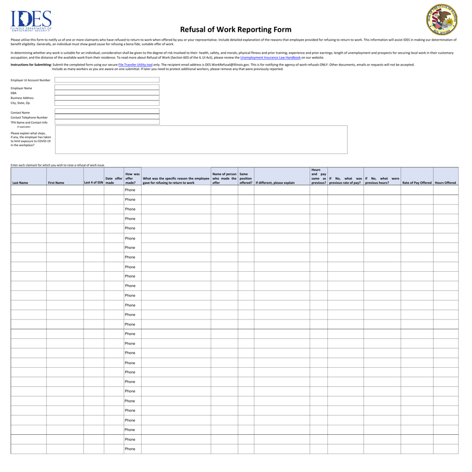 Refusal of Work Reporting Form - Illinois, Page 1