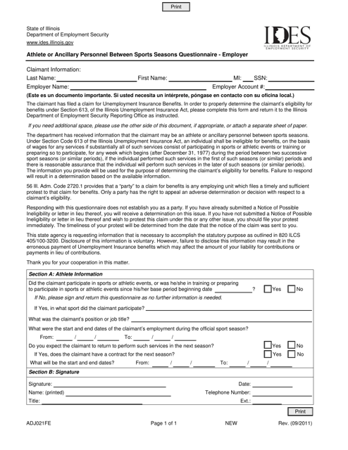 Form ADJ021FE Athlete or Ancillary Personnel Between Sports Seasons Questionnaire - Employer - Illinois